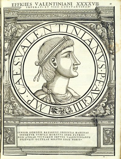 Valentinianus III, illustratie uit Imperatorum romanorum omnium orientalium et occidentalium verissimae imagines ex antiquis numismatis, houtsnede door Rudolph Wyssenbach, gedrukt door Andreas Gesner, Zürich door Hans Rudolf Manuel Deutsch